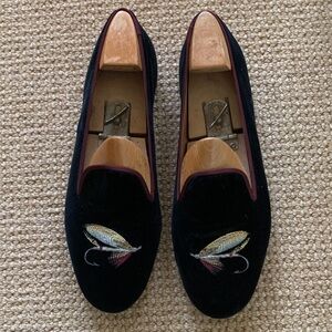 Stubbs & Wootton Black Velvet Loafers with Embroidered Fly Design
